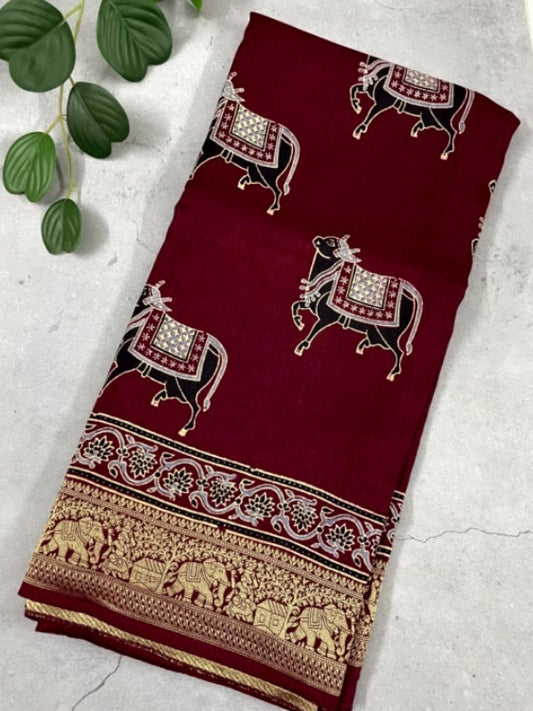 Maroon Cow Ajrakh Handblock Dola Silk Saree