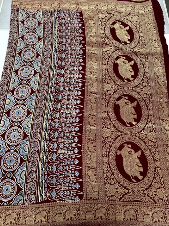 Maroon Cow Ajrakh Handblock Dola Silk Saree