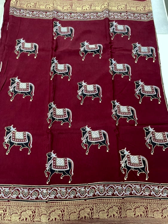 Maroon Cow Ajrakh Handblock Dola Silk Saree
