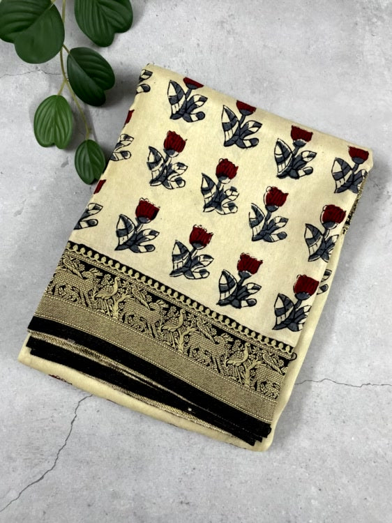 White Rose Ajrakh Handblock Dola Silk Saree