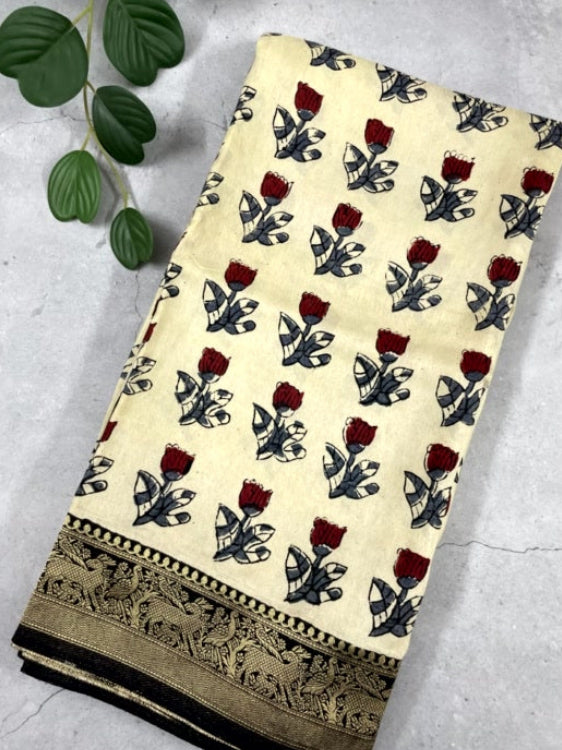 White Rose Ajrakh Handblock Dola Silk Saree