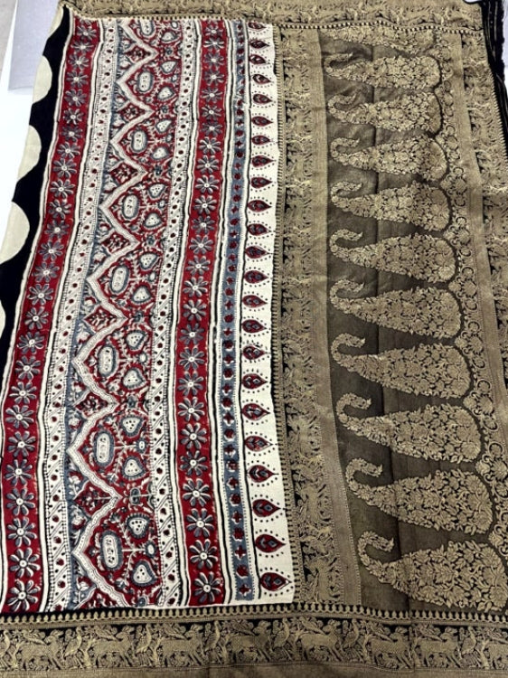 White Rose Ajrakh Handblock Dola Silk Saree