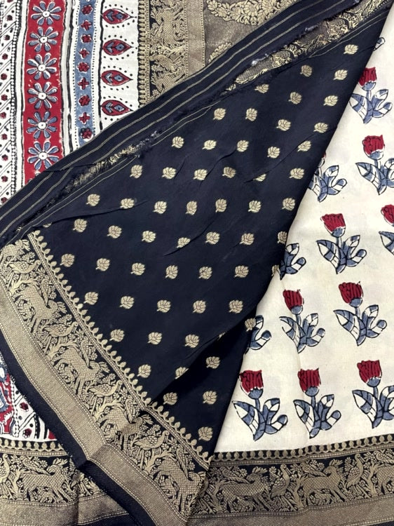 White Rose Ajrakh Handblock Dola Silk Saree