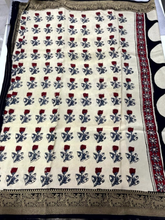 White Rose Ajrakh Handblock Dola Silk Saree