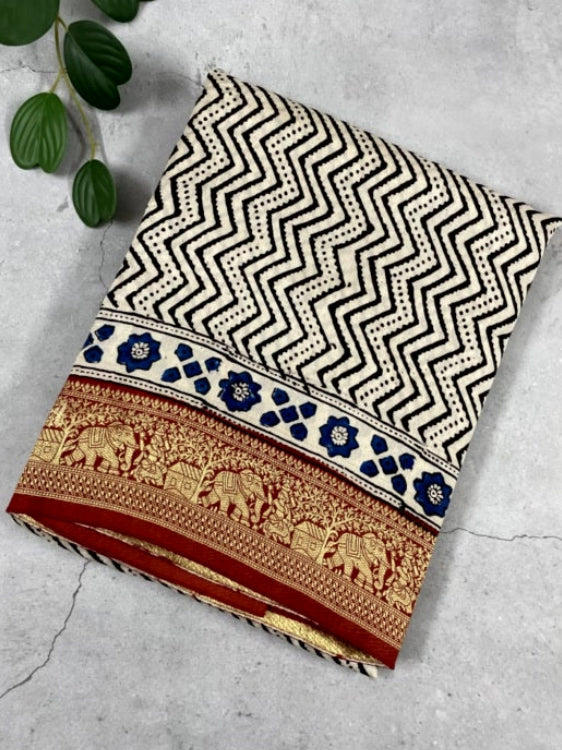 White Zigzag Ajrakh Handblock Dola Silk Saree