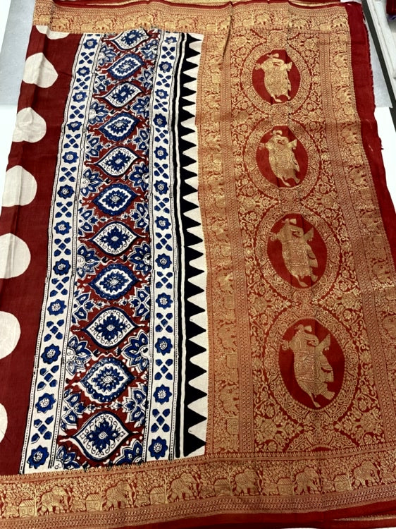 White Zigzag Ajrakh Handblock Dola Silk Saree