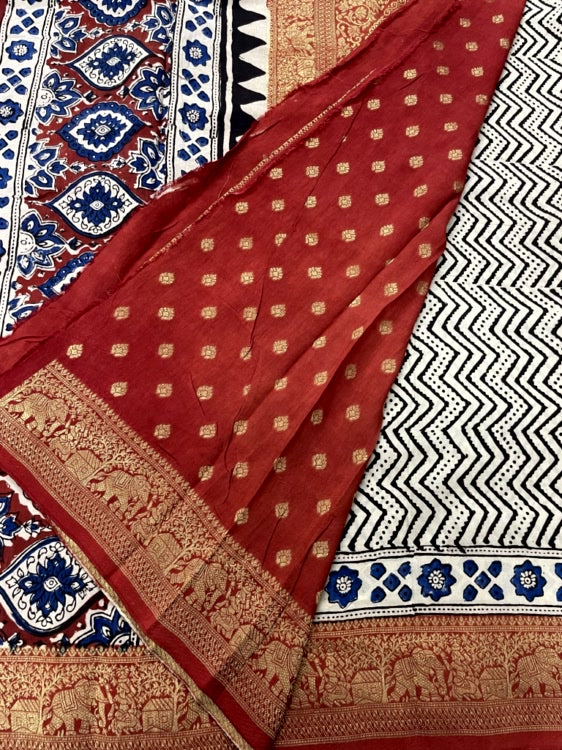 White Zigzag Ajrakh Handblock Dola Silk Saree