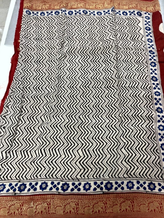 White Zigzag Ajrakh Handblock Dola Silk Saree