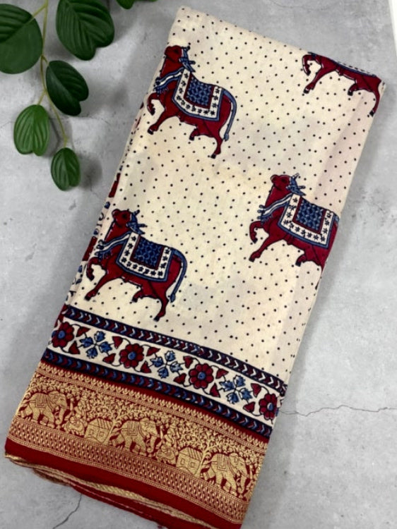 White Cow Dot Ajrakh Handblock Dola Silk Saree