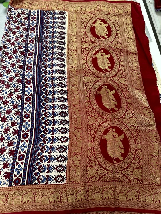 White Cow Dot Ajrakh Handblock Dola Silk Saree