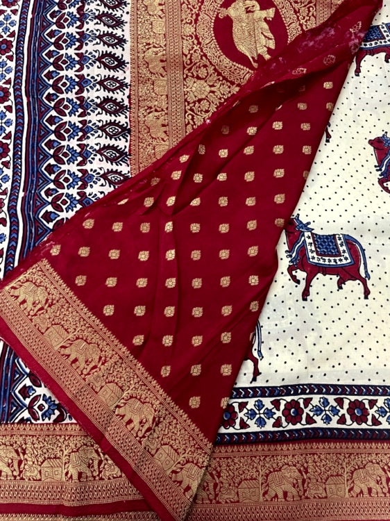 White Cow Dot Ajrakh Handblock Dola Silk Saree