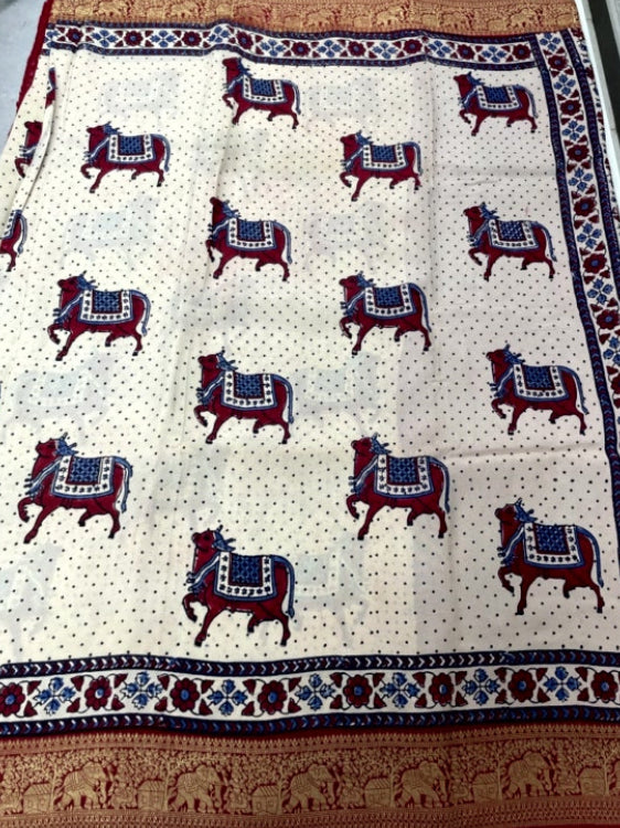 White Cow Dot Ajrakh Handblock Dola Silk Saree