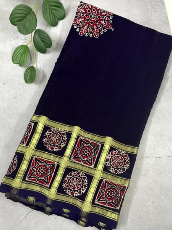Navy Blue Gharchola Ajrakh Modal Silk Saree