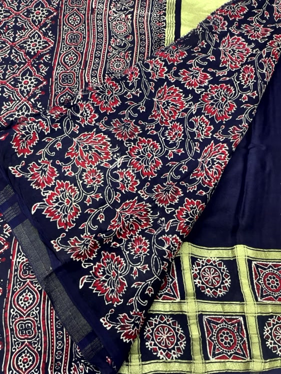 Navy Blue Gharchola Ajrakh Modal Silk Saree
