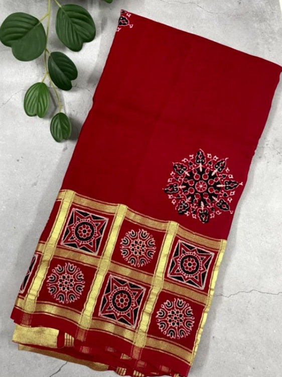 Red Gharchola Ajrakh Modal Silk Saree