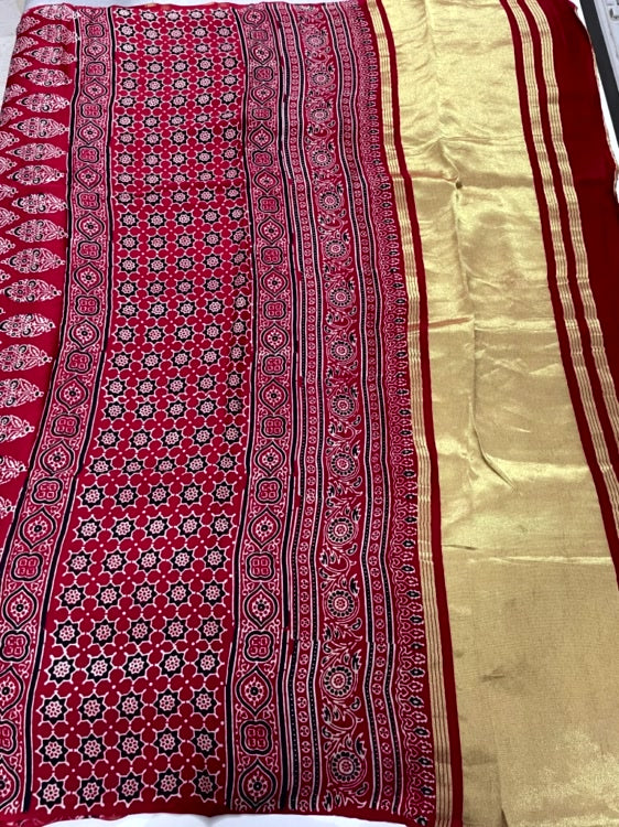 Red Gharchola Ajrakh Modal Silk Saree