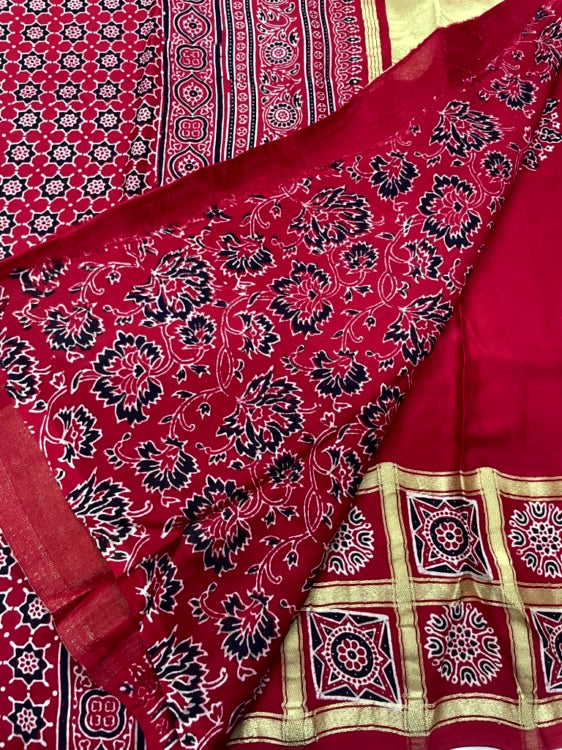 Red Gharchola Ajrakh Modal Silk Saree