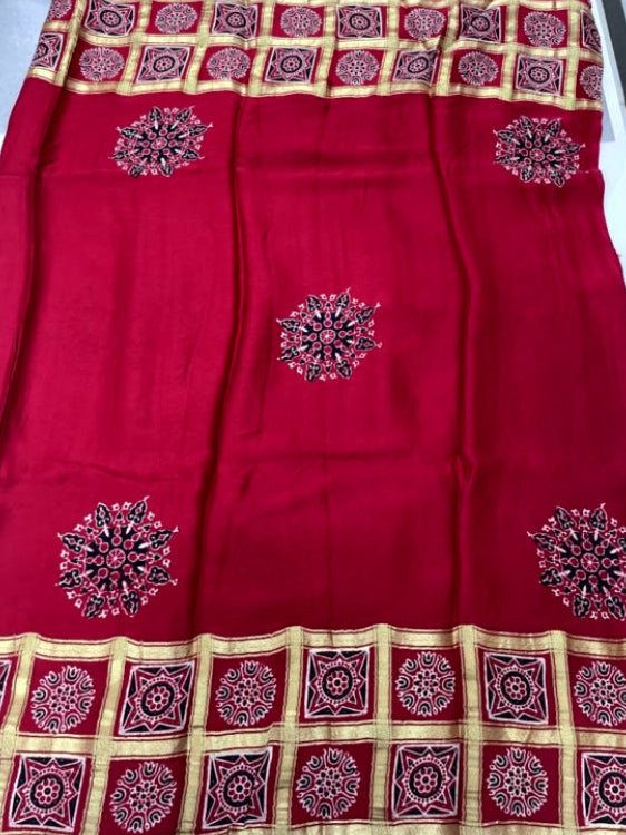 Red Gharchola Ajrakh Modal Silk Saree