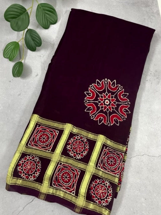 Coffee Brown Gharchola Ajrakh Modal Silk Saree
