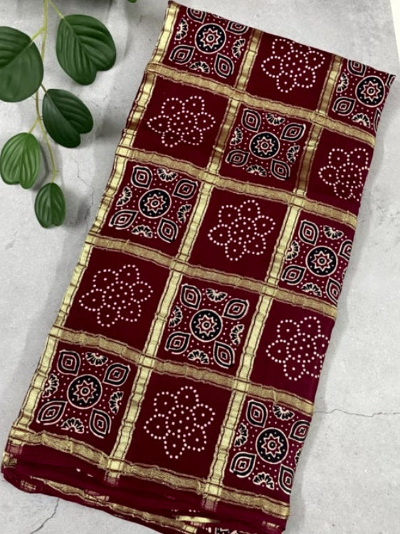 Maroon Full Gharchola Ajrakh Modal Silk Saree