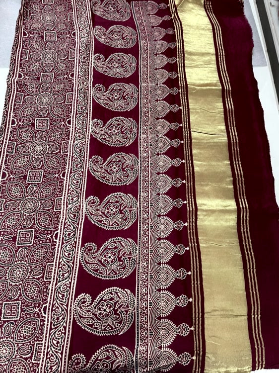Maroon Full Gharchola Ajrakh Modal Silk Saree