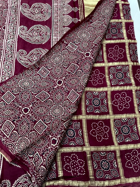 Maroon Full Gharchola Ajrakh Modal Silk Saree