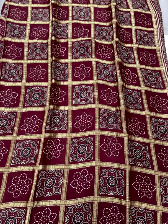 Maroon Full Gharchola Ajrakh Modal Silk Saree