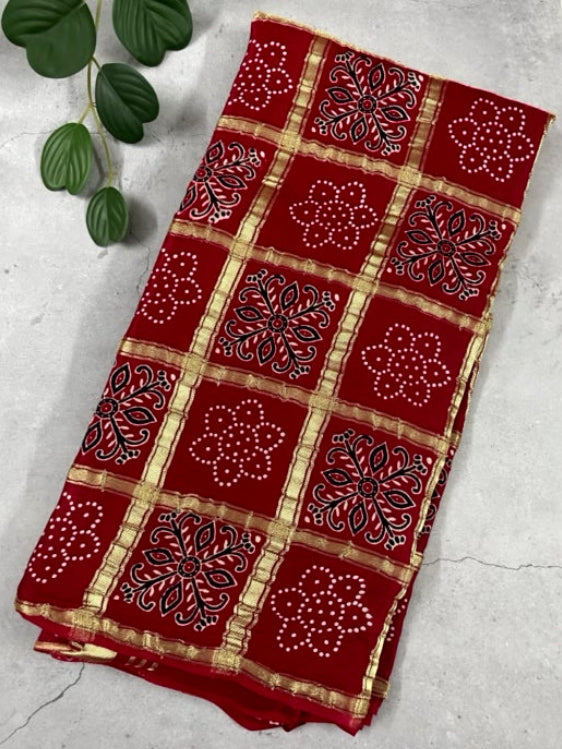 Red Full Gharchola Ajrakh Modal Silk Saree