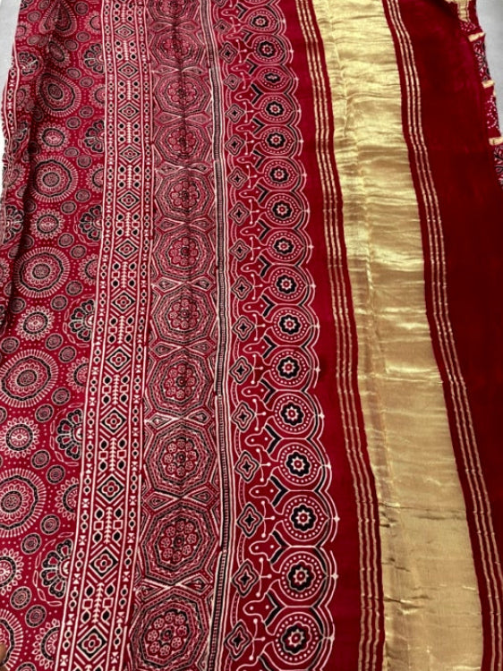 Red Full Gharchola Ajrakh Modal Silk Saree