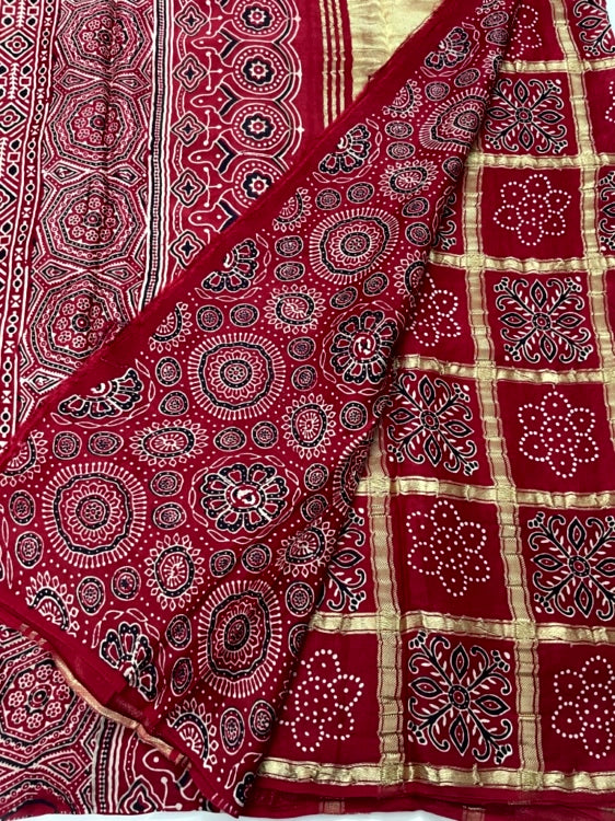 Red Full Gharchola Ajrakh Modal Silk Saree