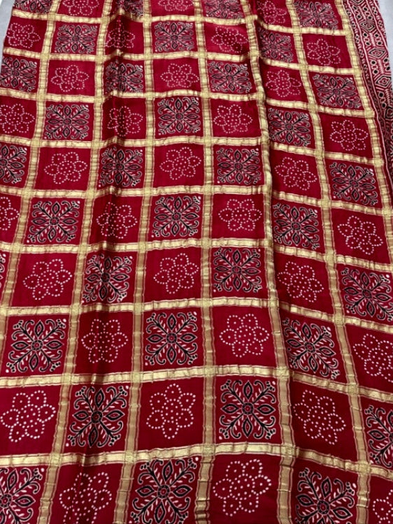 Red Full Gharchola Ajrakh Modal Silk Saree