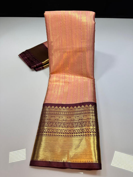 Peach N Brown Semi Kanchi Silk Saree