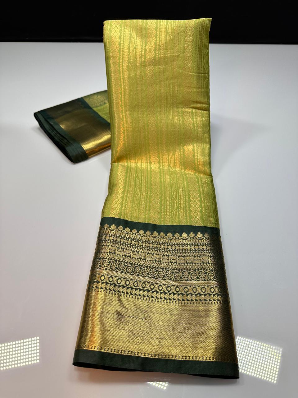 Green N Dark Green Semi Kanchi Silk Saree