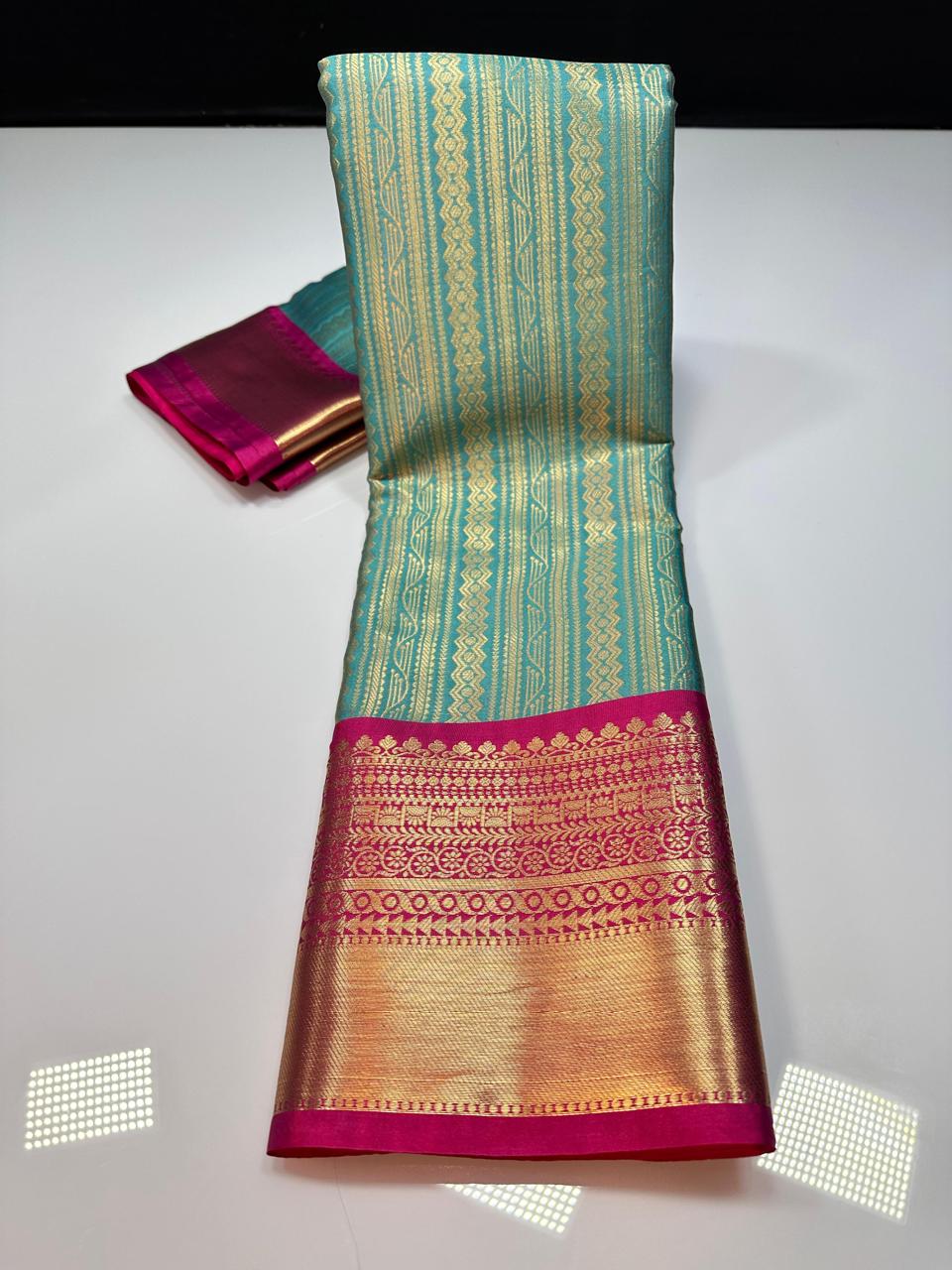 Blue N Pink Semi Kanchi Silk Saree