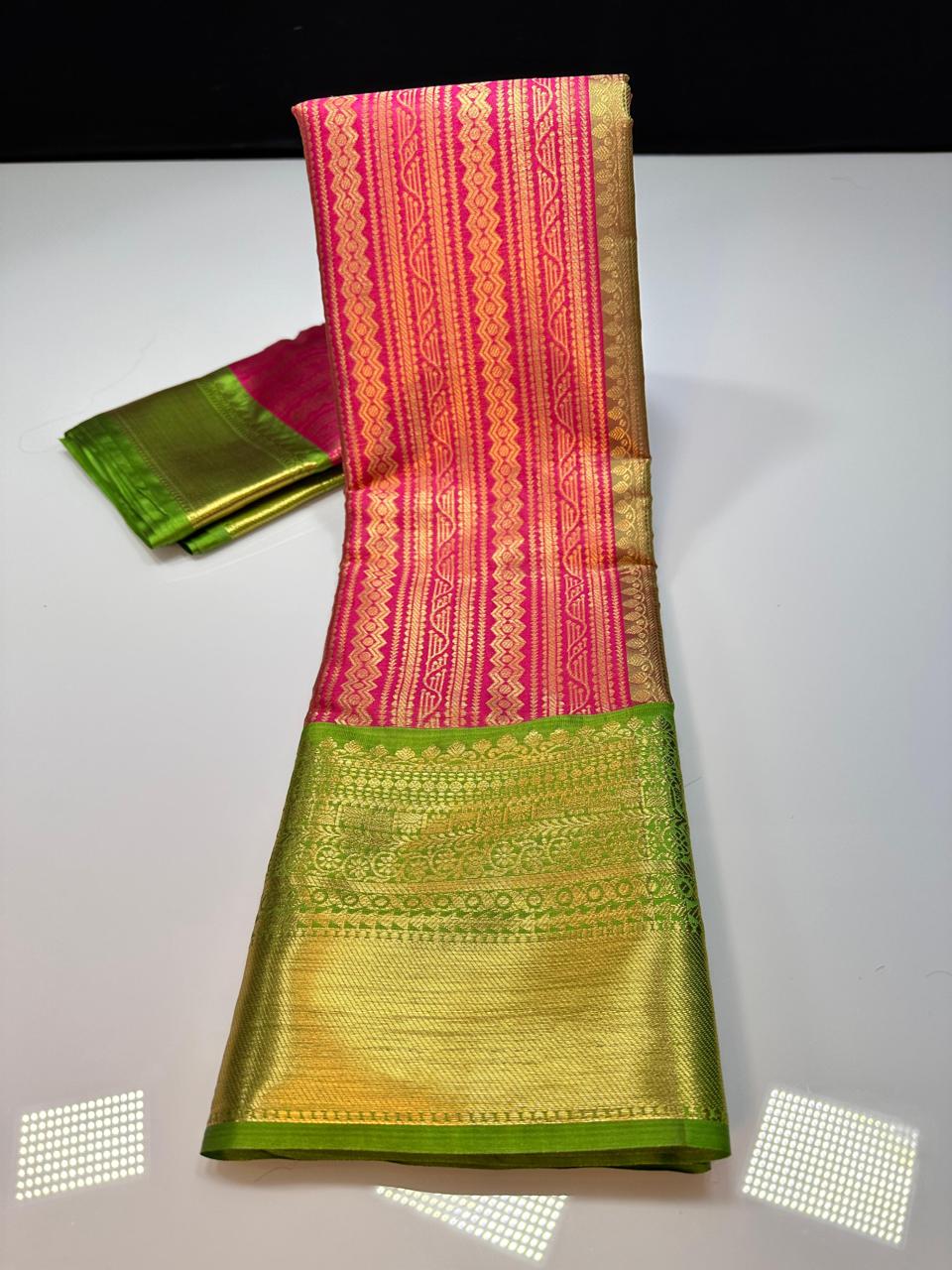 Pink N Green Semi Kanchi Silk Saree