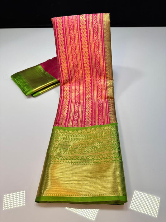Pink N Green Semi Kanchi Silk Saree