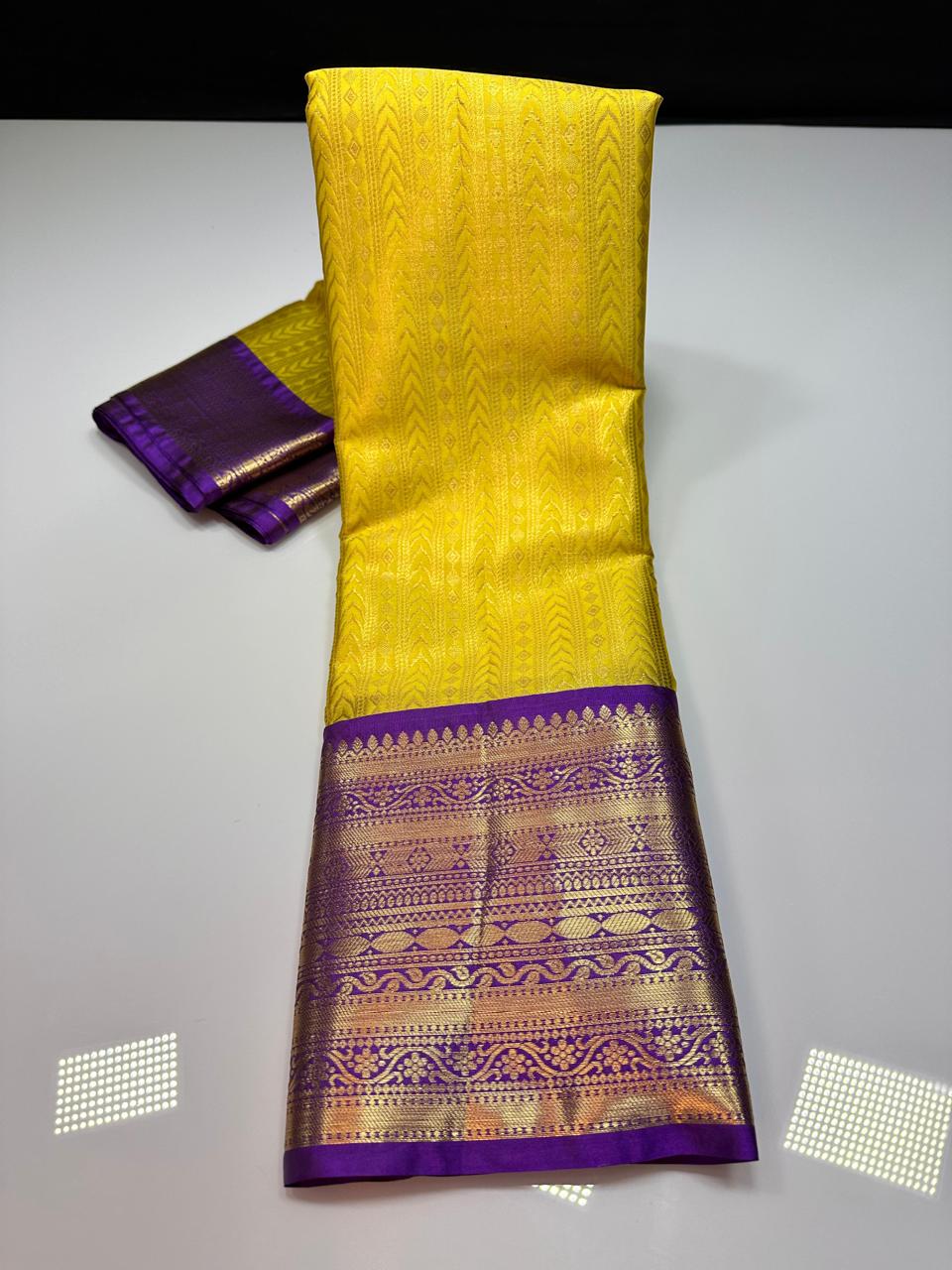 Yellow N Blue Semi Kanchi Silk Saree