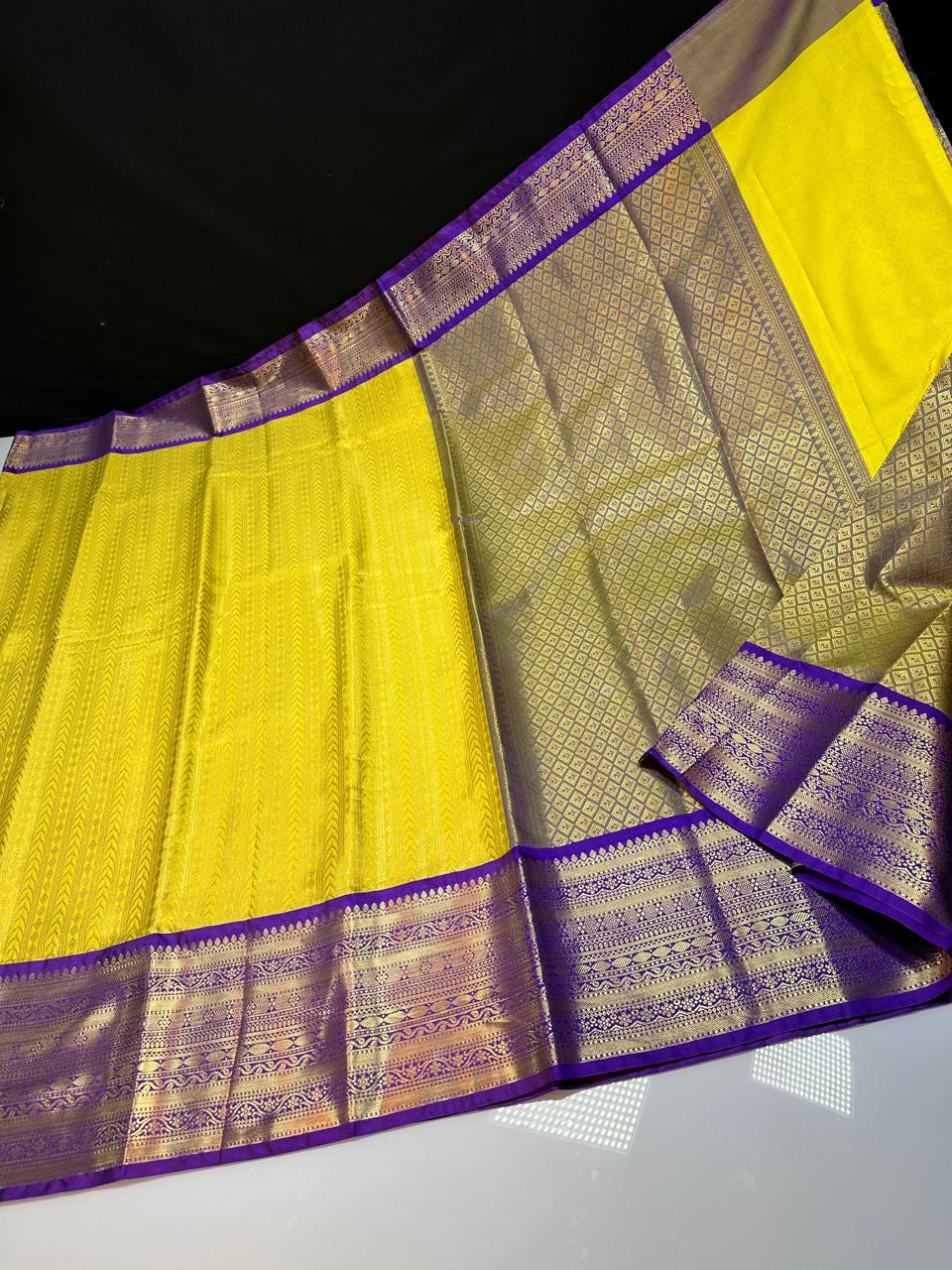 Yellow N Blue Semi Kanchi Silk Saree