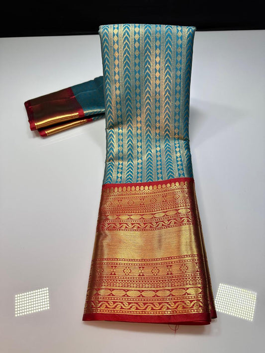 Blue N Red Semi Kanchi Silk Saree
