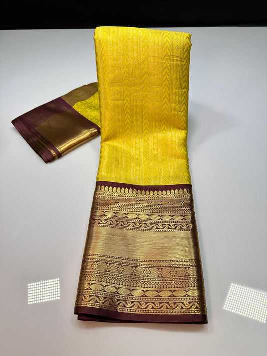 Yellow N Brown Semi Kanchi Silk Saree