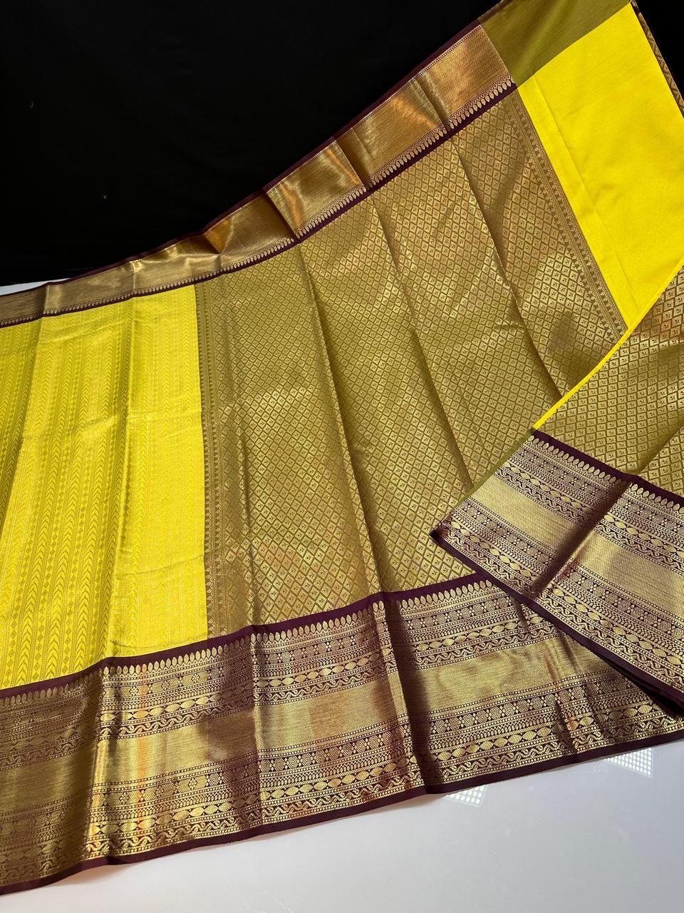 Yellow N Brown Semi Kanchi Silk Saree