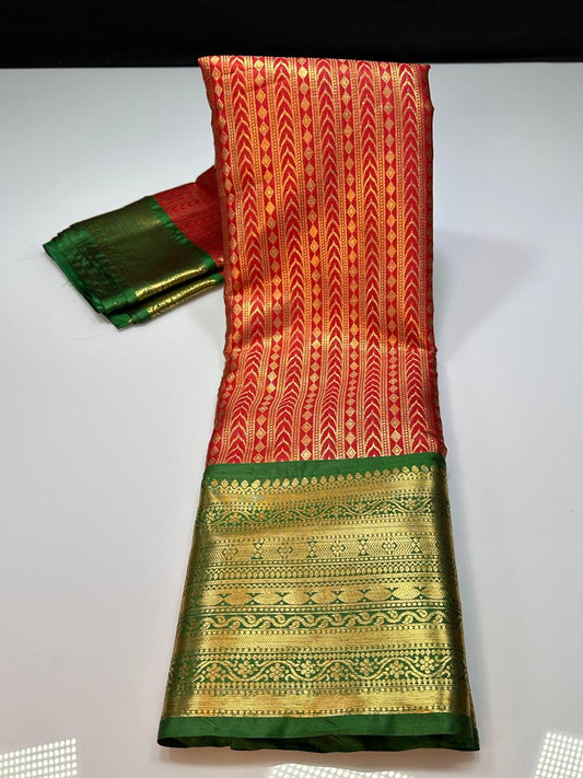 Red N Green Semi Kanchi Silk Saree