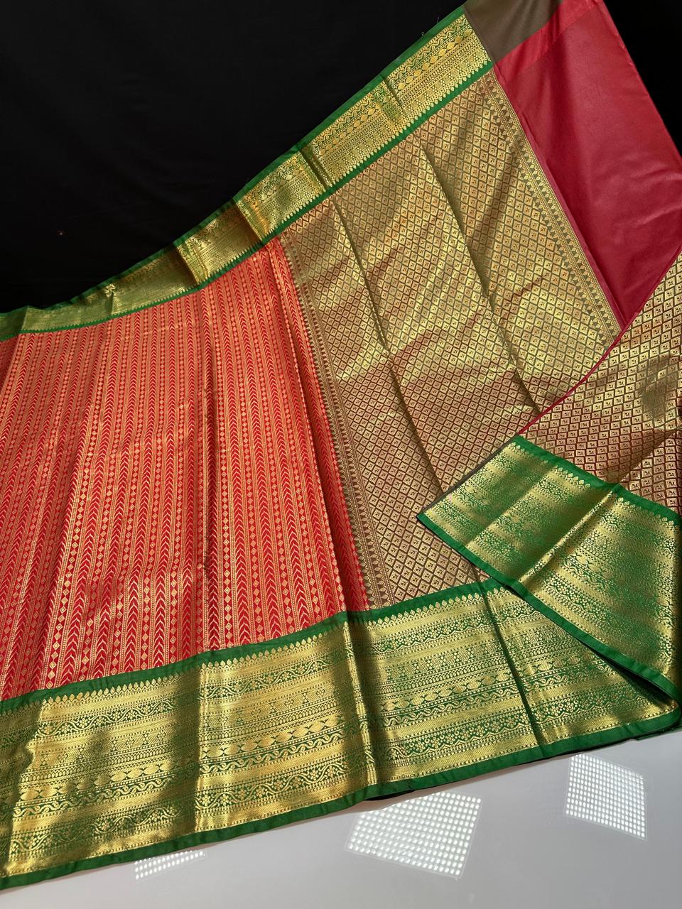 Red N Green Semi Kanchi Silk Saree