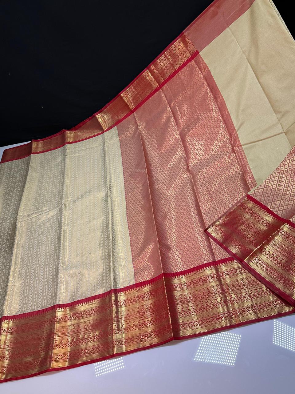 Off White N Red Semi Kanchi Silk Saree