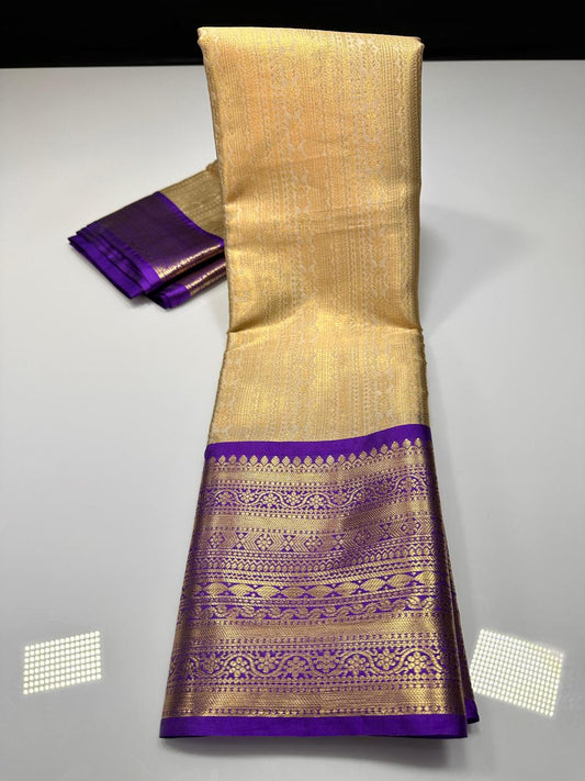 Off White N Blue Semi Kanchi Silk Saree