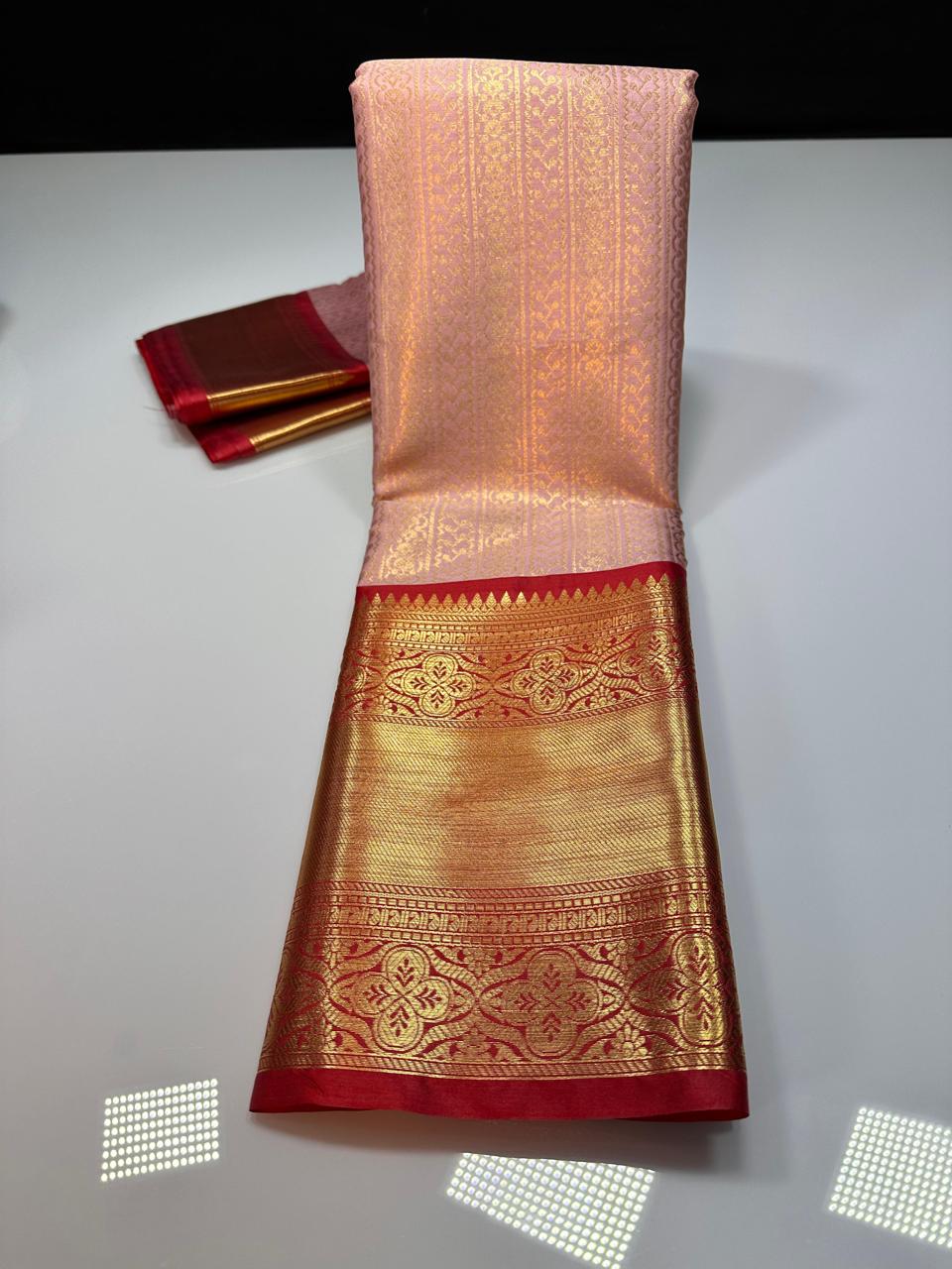 Pink N Red Semi Kanchi Silk Saree