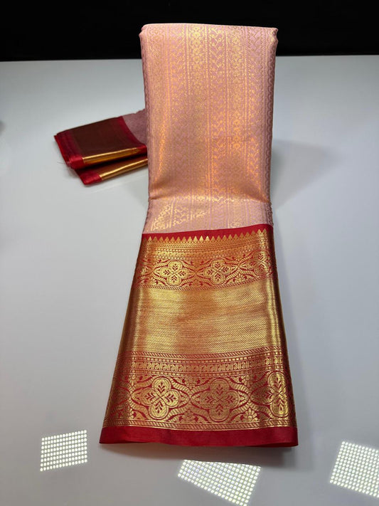 Pink N Red Semi Kanchi Silk Saree