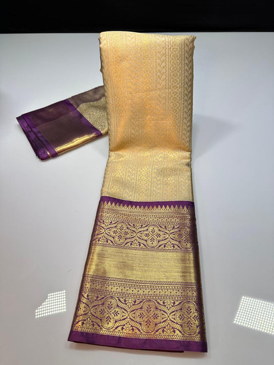 Off White N Purple Semi Kanchi Silk Saree