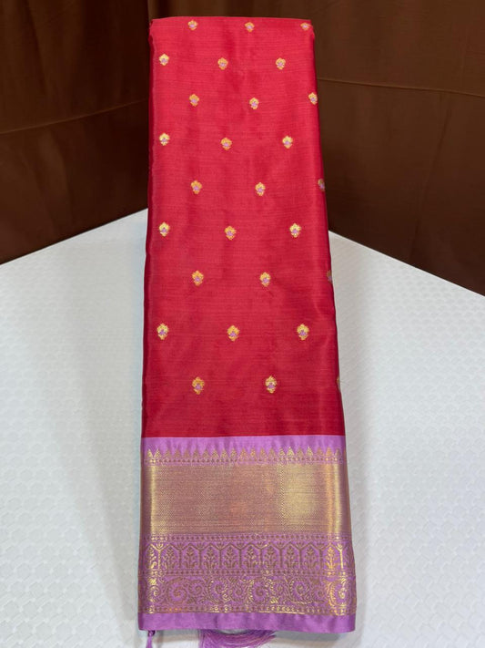 Red N Lavender Pink Semi Kanchi Silk Saree