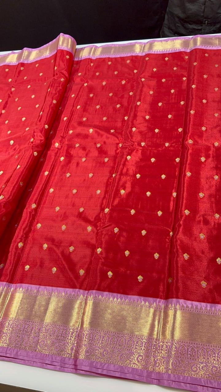 Red N Lavender Pink Semi Kanchi Silk Saree